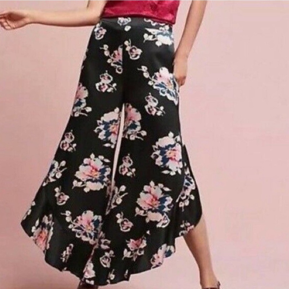 Elevenses Anthropologie Black Floral Tansy Ruffle Crop Pants Size 12 NWT $138